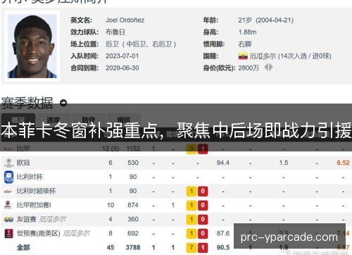 本菲卡冬窗补强重点，聚焦中后场即战力引援